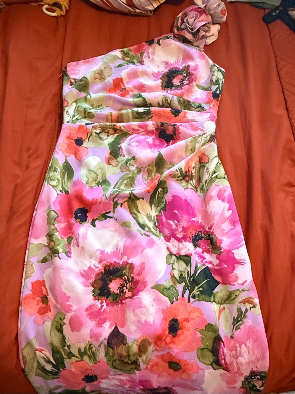 JH Evenings One-Shoulder Pink Floral Cocktail Dress